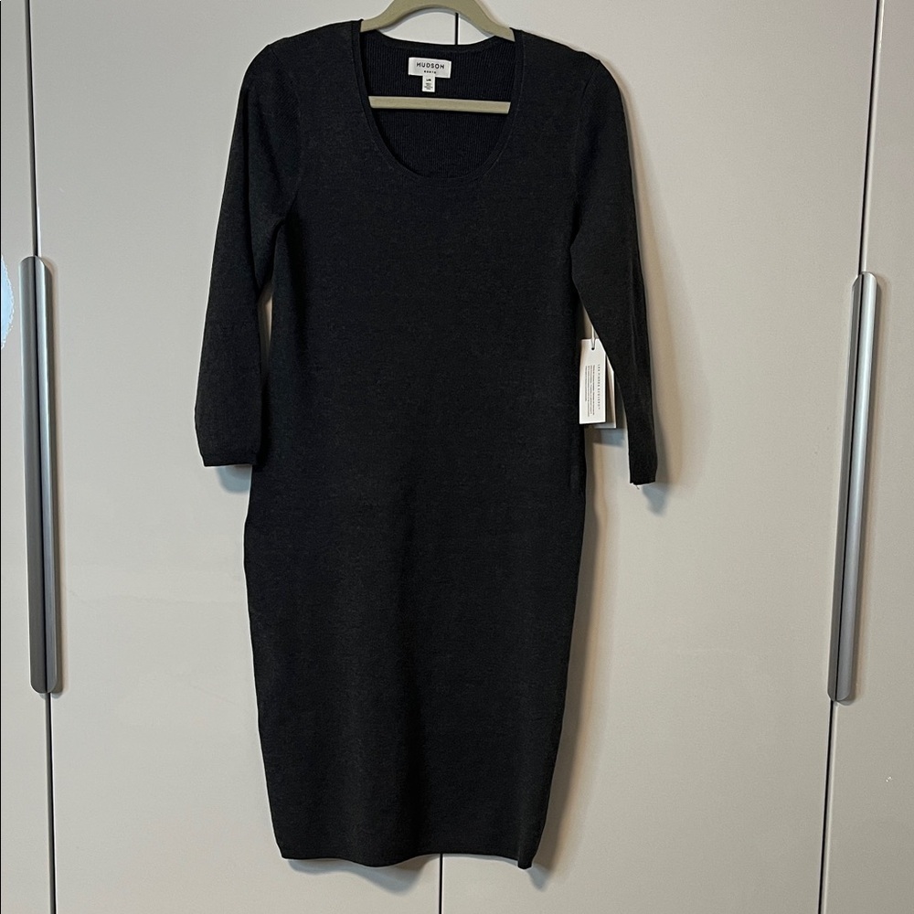 HUDSON NORTH NWT Charcoal Midi Sweater Dress Quarter Sleeve, Size L